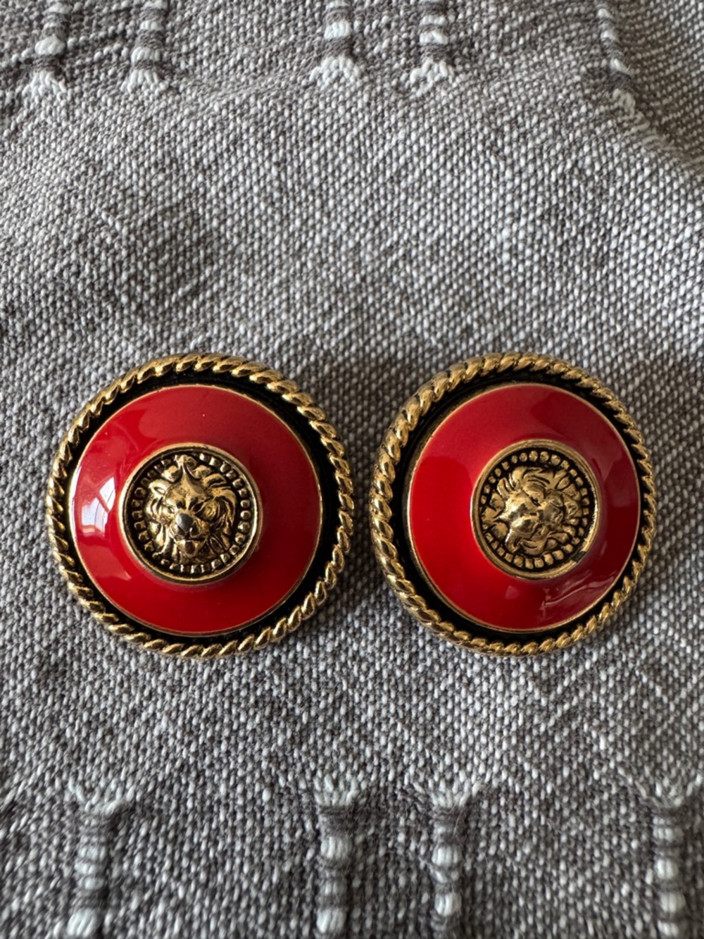 Vintage Set of 2 Gold-Tone Metal Enamel Red Buttons with Lion Crest Motif